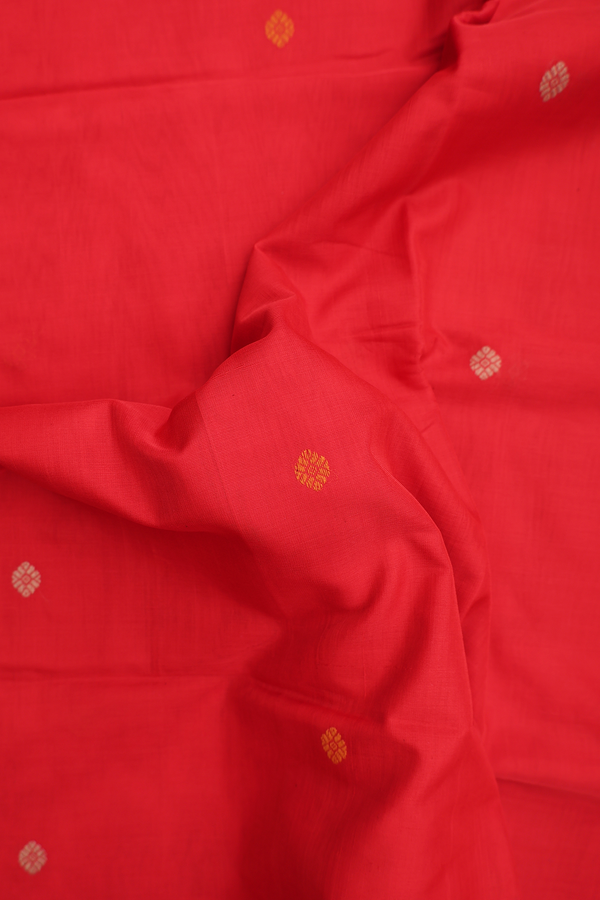 Handloom Cotton Saree Scarlet Red With Threadwork Buttas