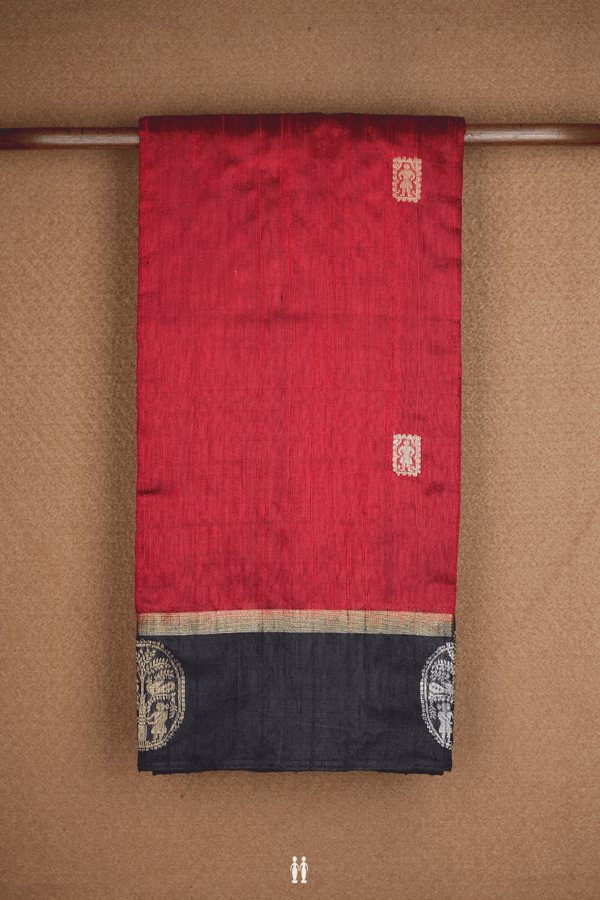 Human Figure Zari Buttas Scarlet Red Jute Saree