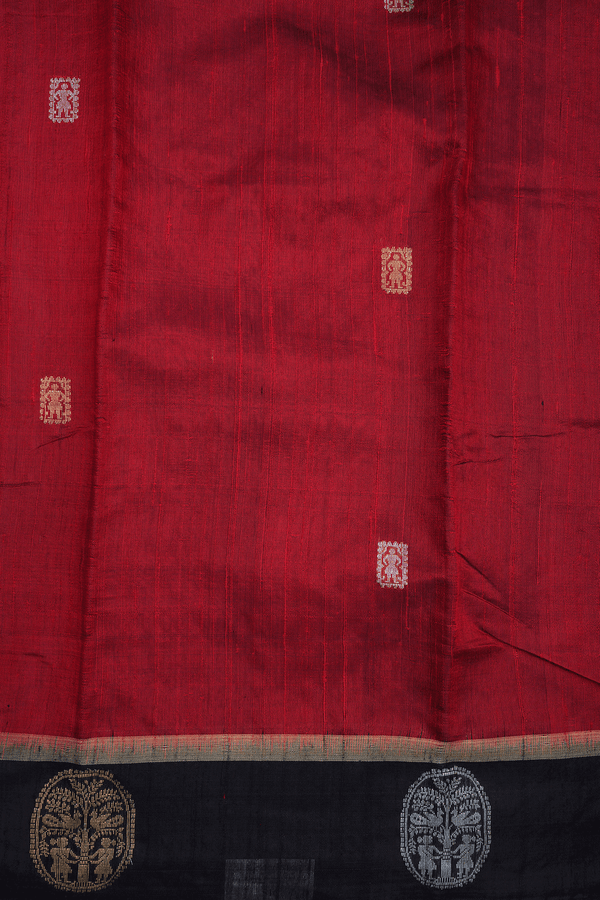 Human Figure Zari Buttas Scarlet Red Jute Saree