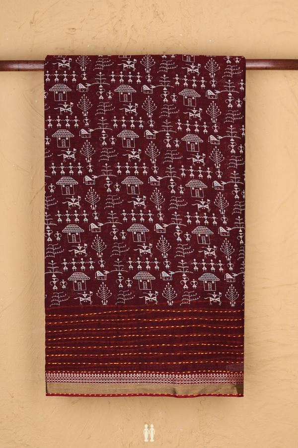 Hyderabad Cotton Saree In Burgundy Red With Warli Design