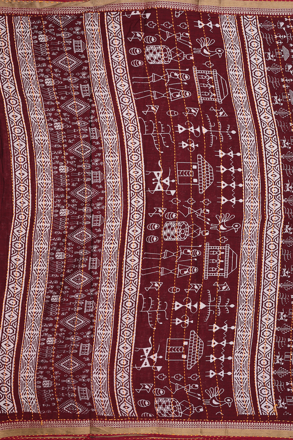 Hyderabad Cotton Saree In Burgundy Red With Warli Design