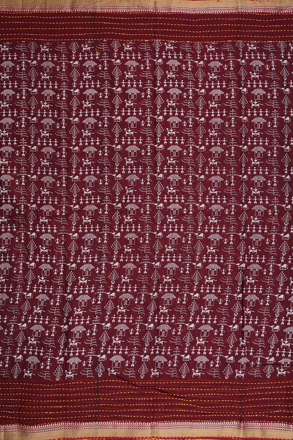 Hyderabad Cotton Saree In Burgundy Red With Warli Design