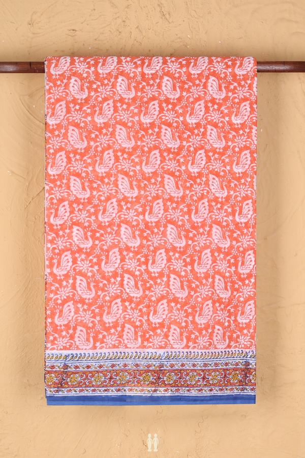 Hyderabad Cotton Saree In Coral Orange With Peacock Design