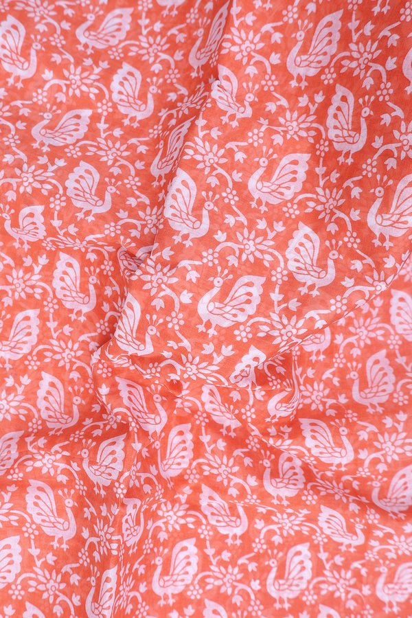 Hyderabad Cotton Saree In Coral Orange With Peacock Design