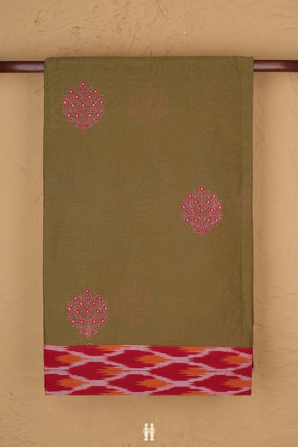 Hyderabad Cotton Saree In Olive Brown With Floral Motifs