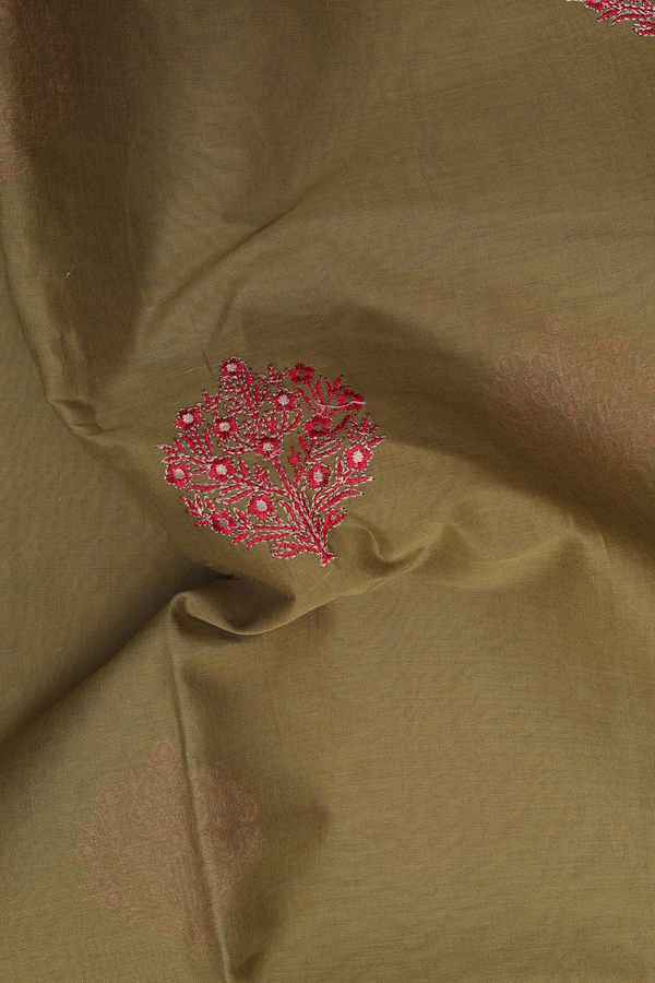 Hyderabad Cotton Saree In Olive Brown With Floral Motifs
