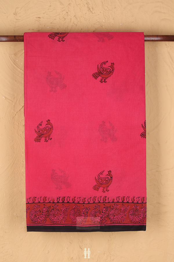 Hyderabad Cotton Saree In Rose Red With Peacock Buttas