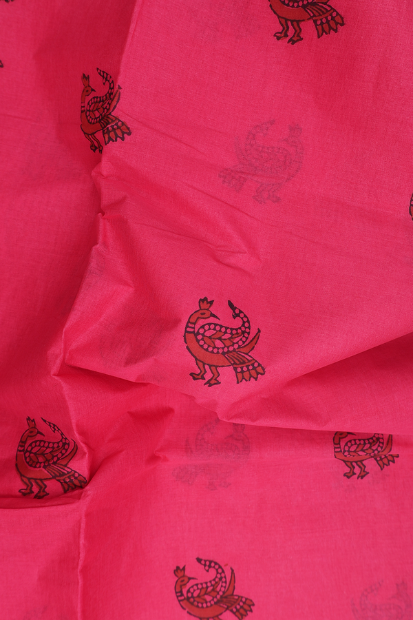Hyderabad Cotton Saree In Rose Red With Peacock Buttas