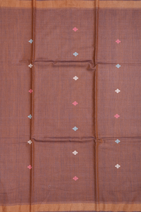 Tussar Silk Saree In Saddle Brown With Threadwork Buttas