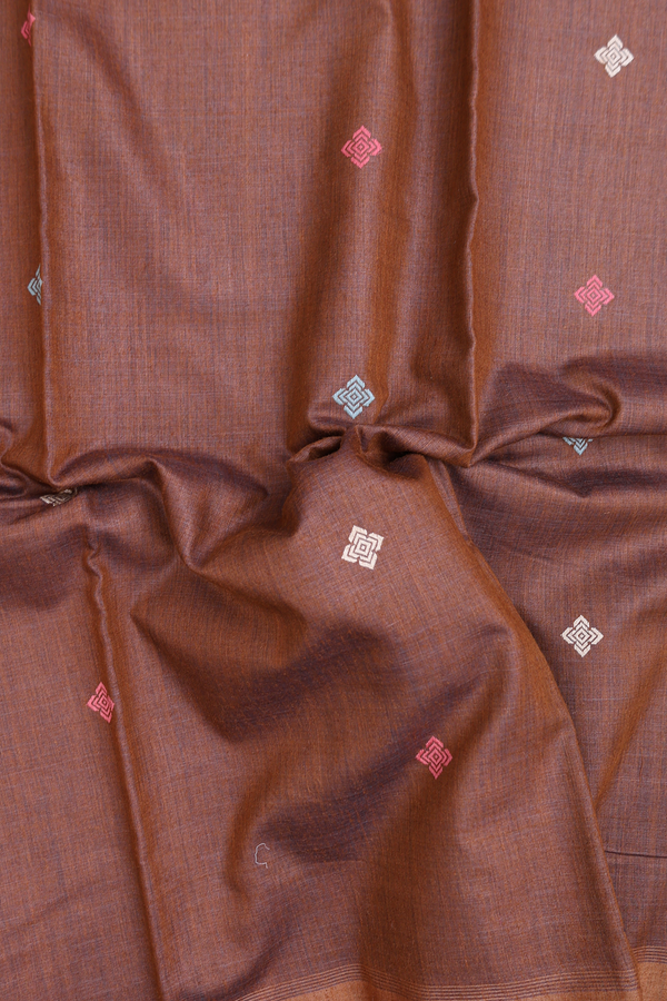Tussar Silk Saree In Saddle Brown With Threadwork Buttas
