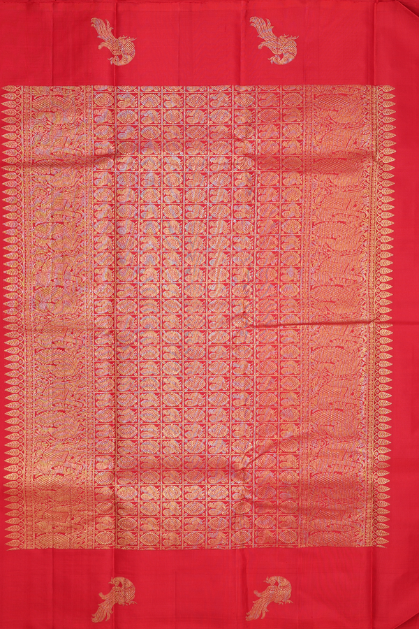 Kanchipuram Silk Saree In Crimson Red With Peacock Border