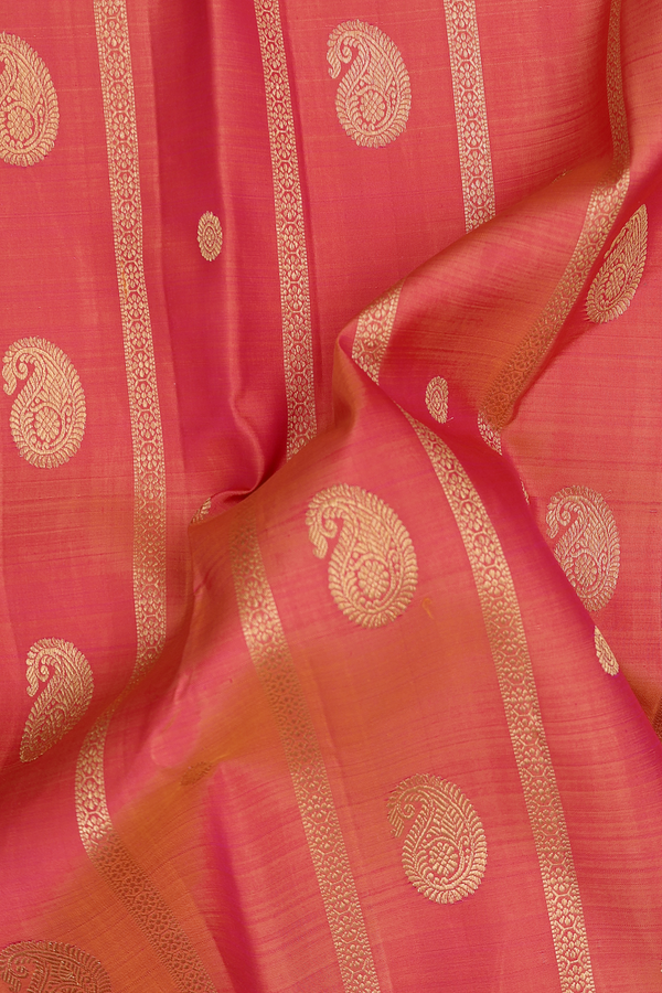 Kanchipuram Silk Saree In Coral Pink With Paisley Design