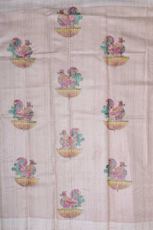 Tussar Silk Saree In Pastel Brown With Hand Painted Design