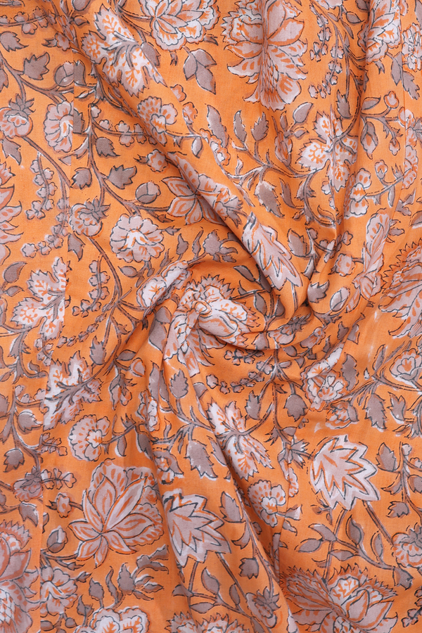 Chinese Neck Floral Printed Melon Orange Cotton Long Kurta