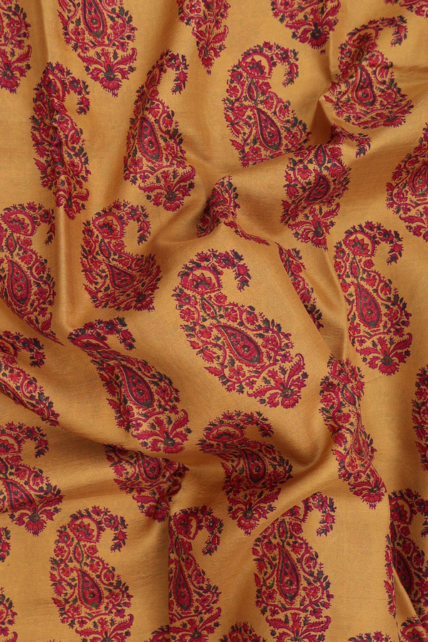 Printed Silk Saree In Golden Yellow With Paisley Design
