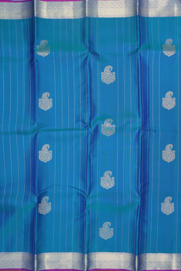 Kanchipuram Silk Saree In Peacock Blue With Stripes Design