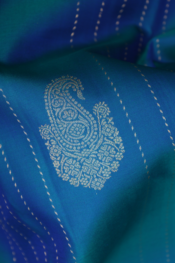 Kanchipuram Silk Saree In Peacock Blue With Stripes Design