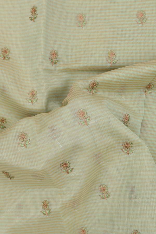 Kota Cotton Saree In Sage Green Along Stripes With Buttas