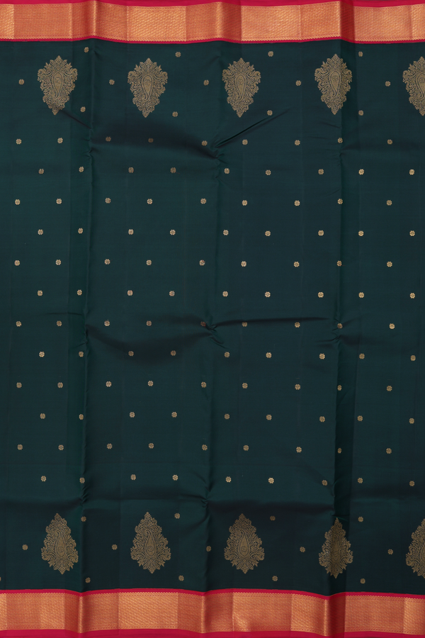 Kanchipuram Silk Saree In Forest Green With Floral Buttas