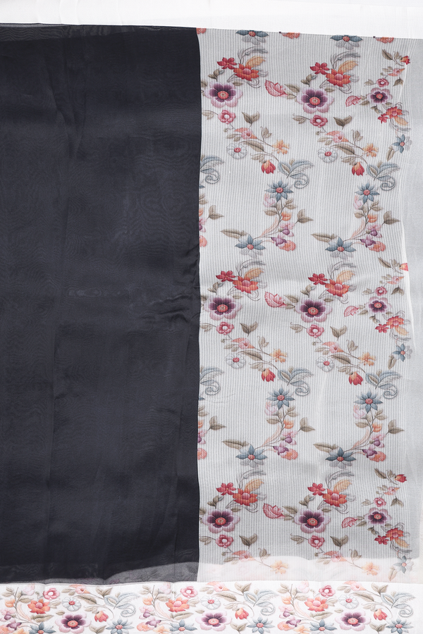 Organza Silk Saree In Black With Floral Border