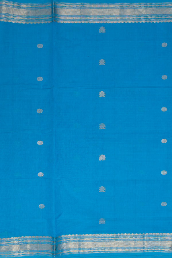 Coimbatore Cotton Saree In Peacock Blue With Zari Buttas