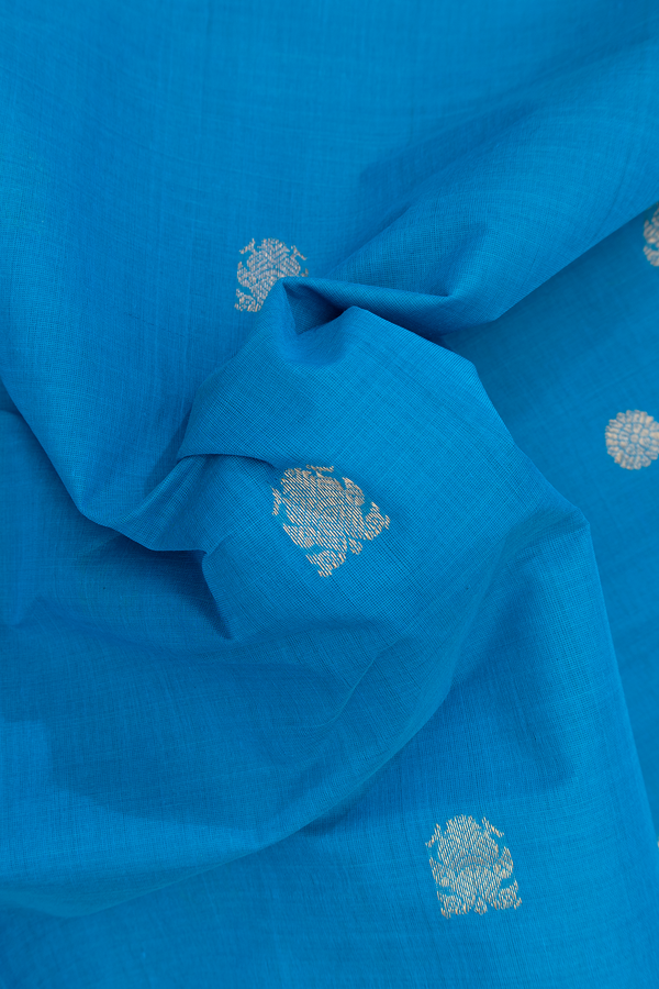 Coimbatore Cotton Saree In Peacock Blue With Zari Buttas