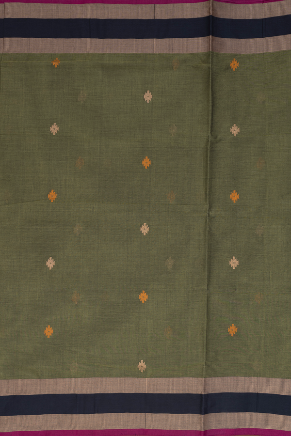 Coimbatore Cotton Saree Mehendi Green With Threadwork Buttas