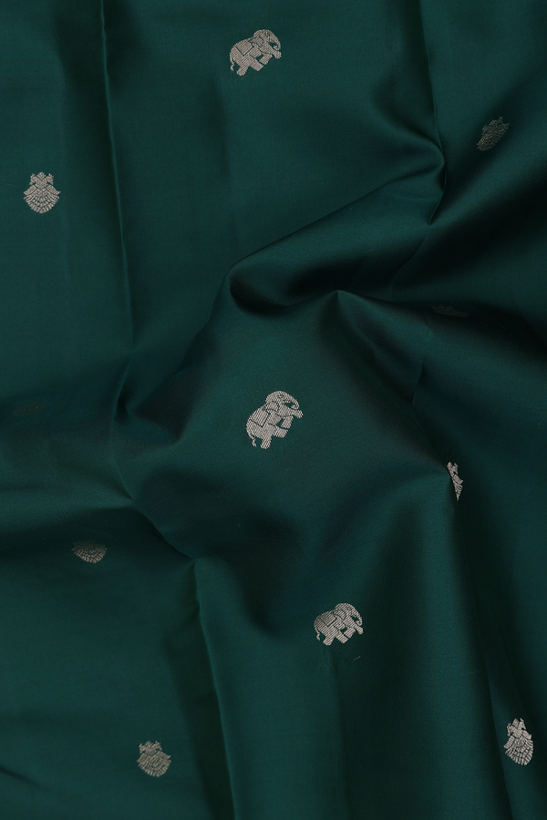 Kanchipuram Silk Saree In Dark Green With Elephant Buttas