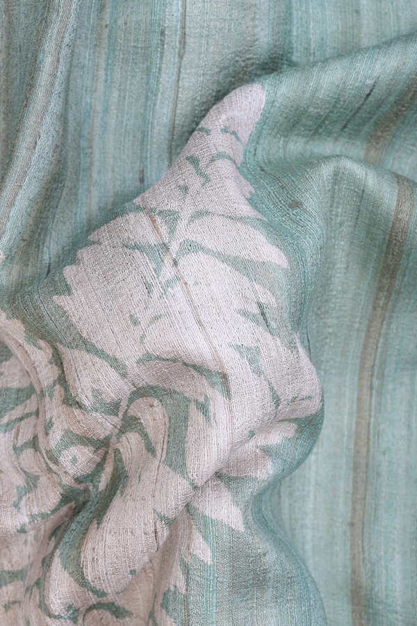Tussar Silk Saree In Turkish Blue With Leaf Design