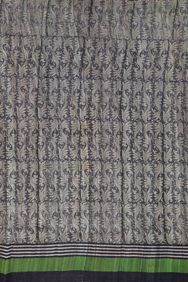 Tussar Silk Saree In Charcoal Grey With Printed Design