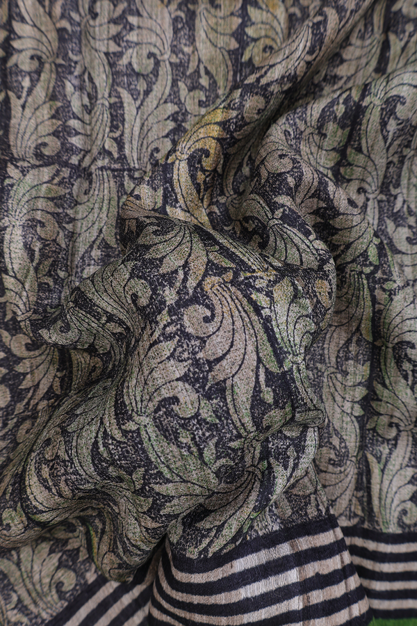 Tussar Silk Saree In Charcoal Grey With Printed Design