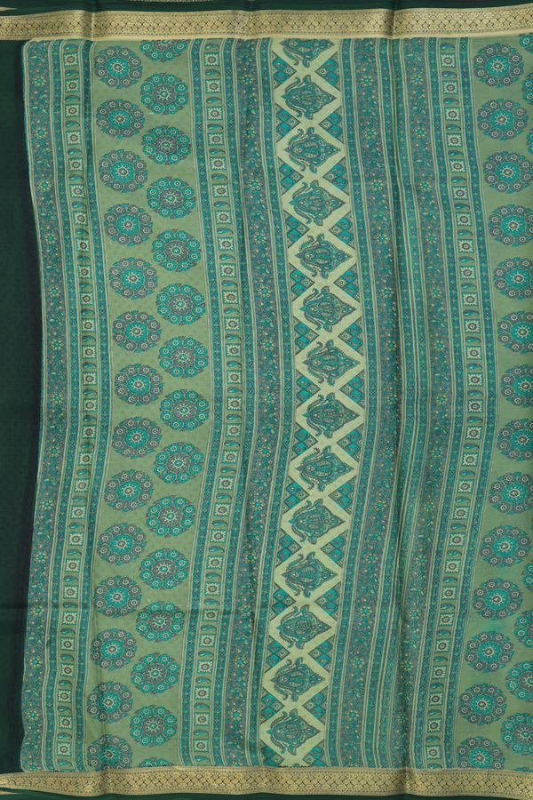 Printed Silk Saree In Green With Floral Design