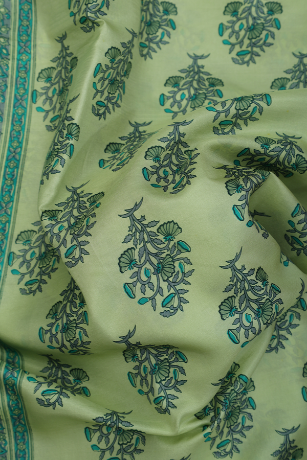 Printed Silk Saree In Green With Floral Design