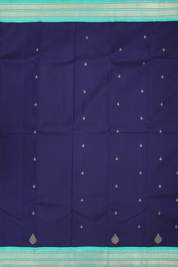 Kanchipuram Silk Saree In Navy Blue With Zari Buttas
