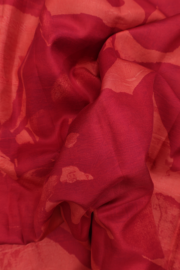 Printed Silk Saree In Red And Orange With Allover Design