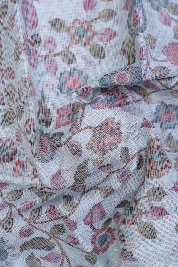 Kota Cotton Saree In Pastel Blue With Floral Design