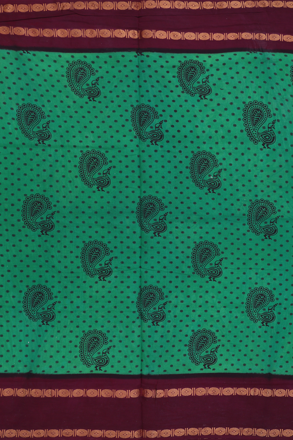 Nine Yards Sungudi Cotton Saree Green With Peacock Design