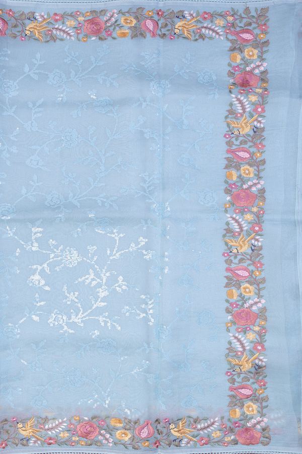 Organza Silk Saree In Pastel Blue With Embroidered Design