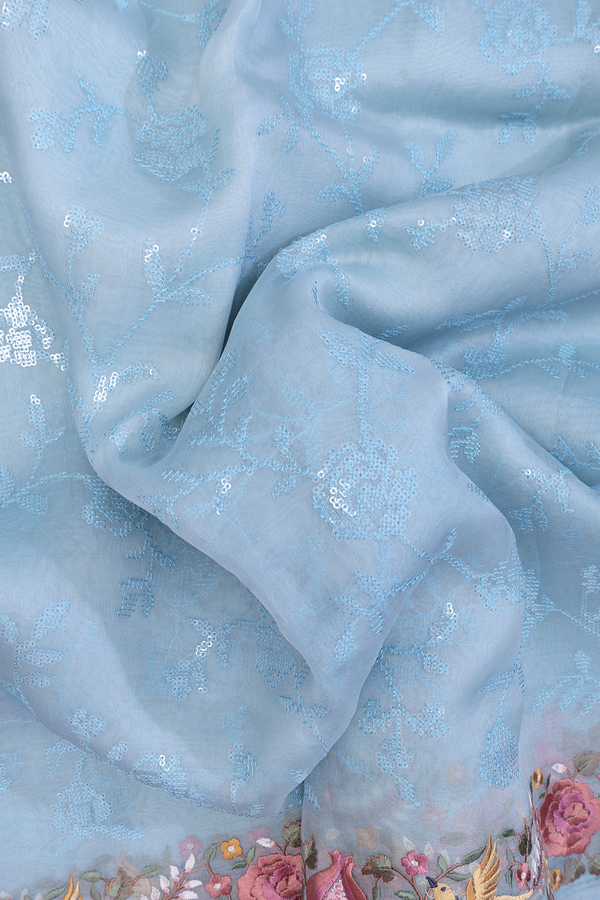Organza Silk Saree In Pastel Blue With Embroidered Design