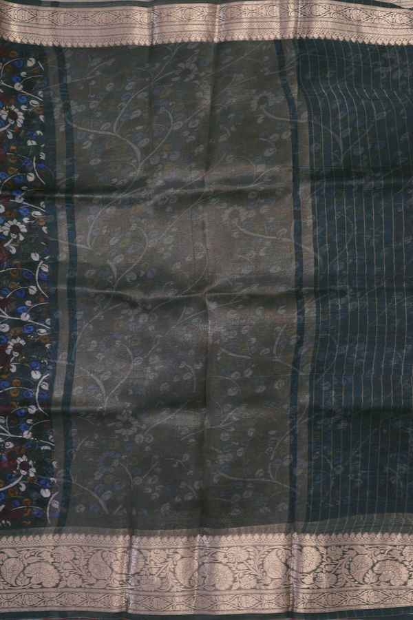 Organza Silk Saree In Dark Green With Floral Printed Design