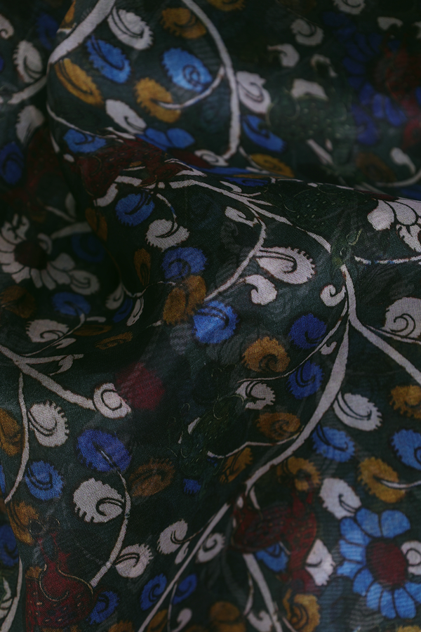 Organza Silk Saree In Dark Green With Floral Printed Design