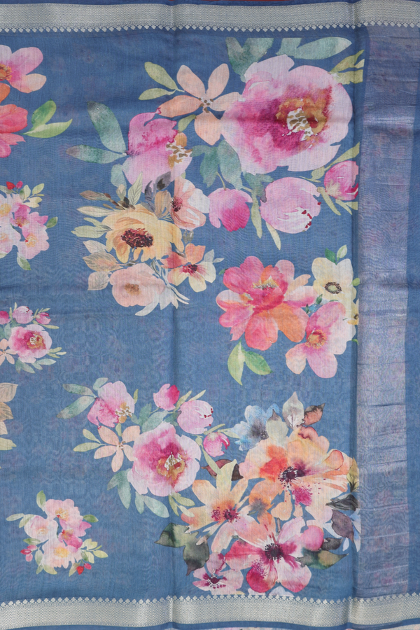 Chanderi Silk Cotton Saree In Teal Blue With Floral Design