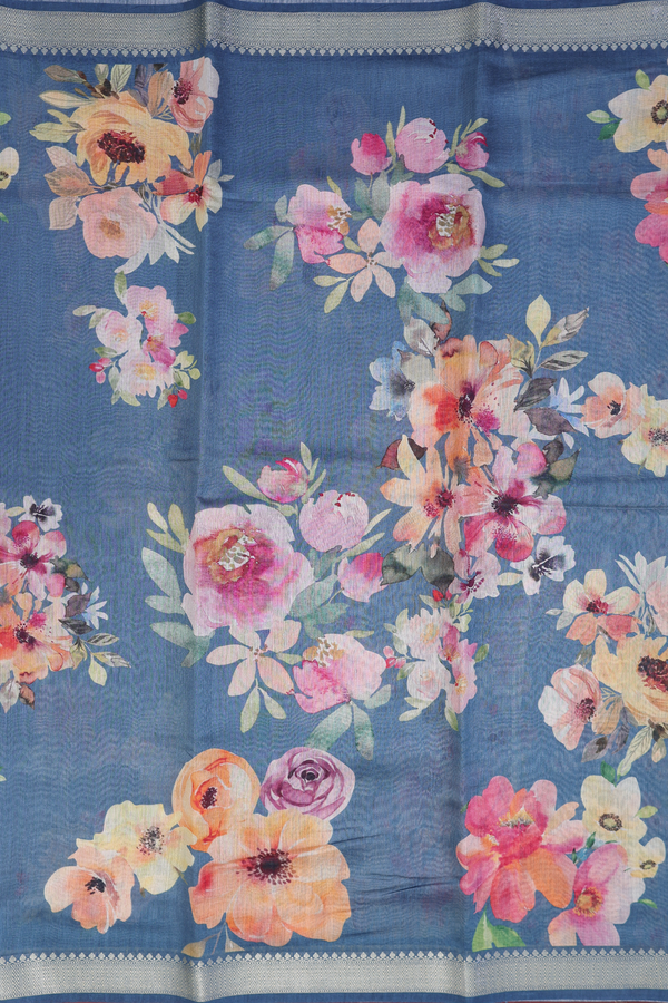 Chanderi Silk Cotton Saree In Teal Blue With Floral Design