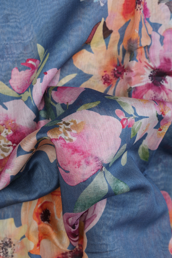 Chanderi Silk Cotton Saree In Teal Blue With Floral Design