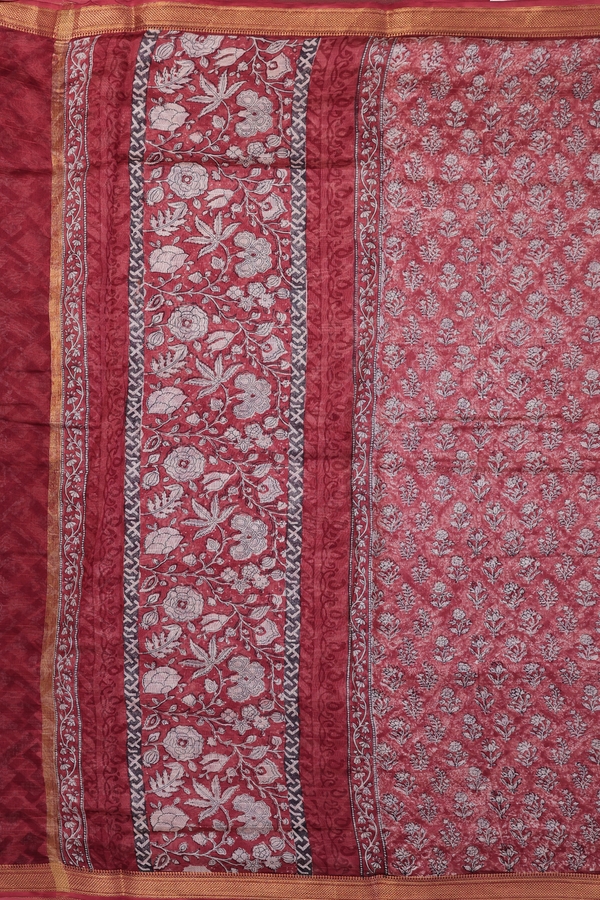 Chanderi Cotton Saree In Rust Red With Floral Design