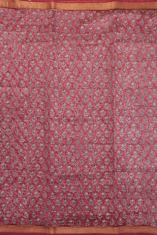 Chanderi Cotton Saree In Rust Red With Floral Design