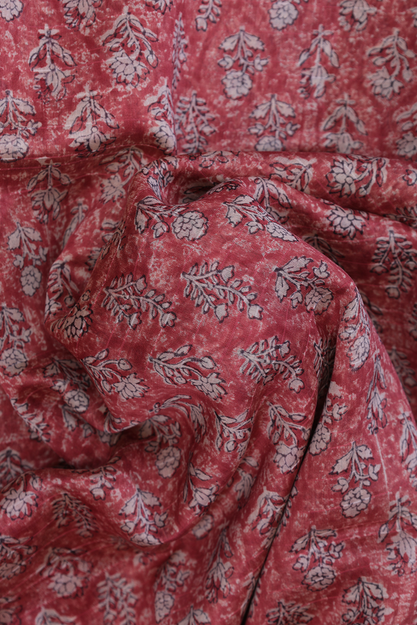 Chanderi Cotton Saree In Rust Red With Floral Design