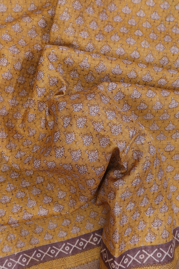 Tussar Silk Saree In Yellow With Floral Printed Design