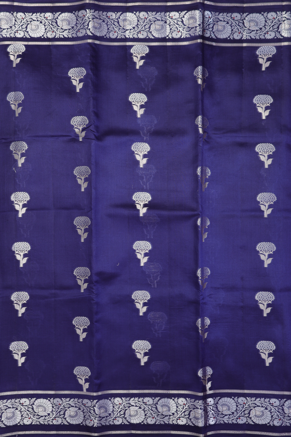 Raw Silk Saree In Navy Blue With Floral Buttas