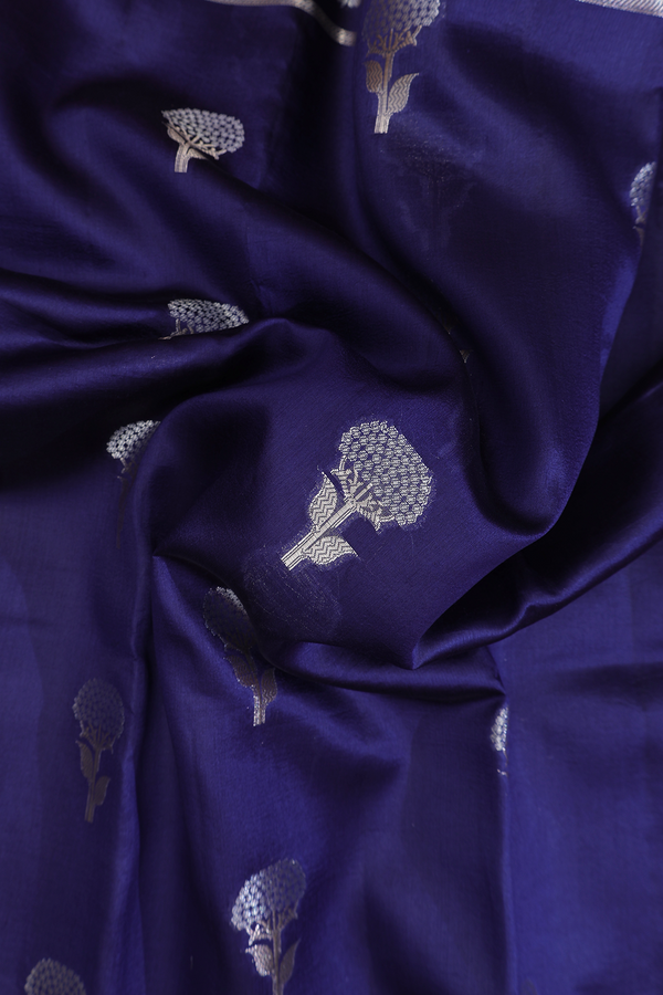 Raw Silk Saree In Navy Blue With Floral Buttas